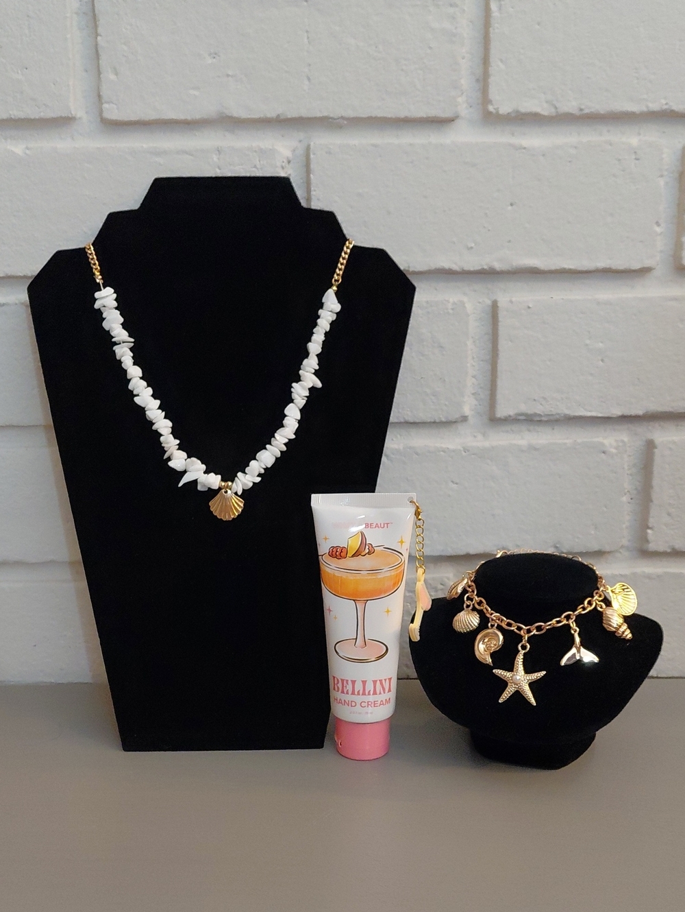 Gold Charm Shell Necklace and Bracelet Set with White Beads & Bellini Hand Cream